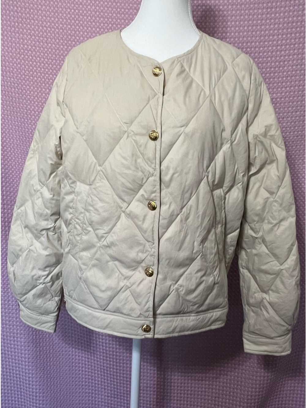 Tommy Hilfiger Cream Quilted Diamond Puffer Jacket with Gold Buttons